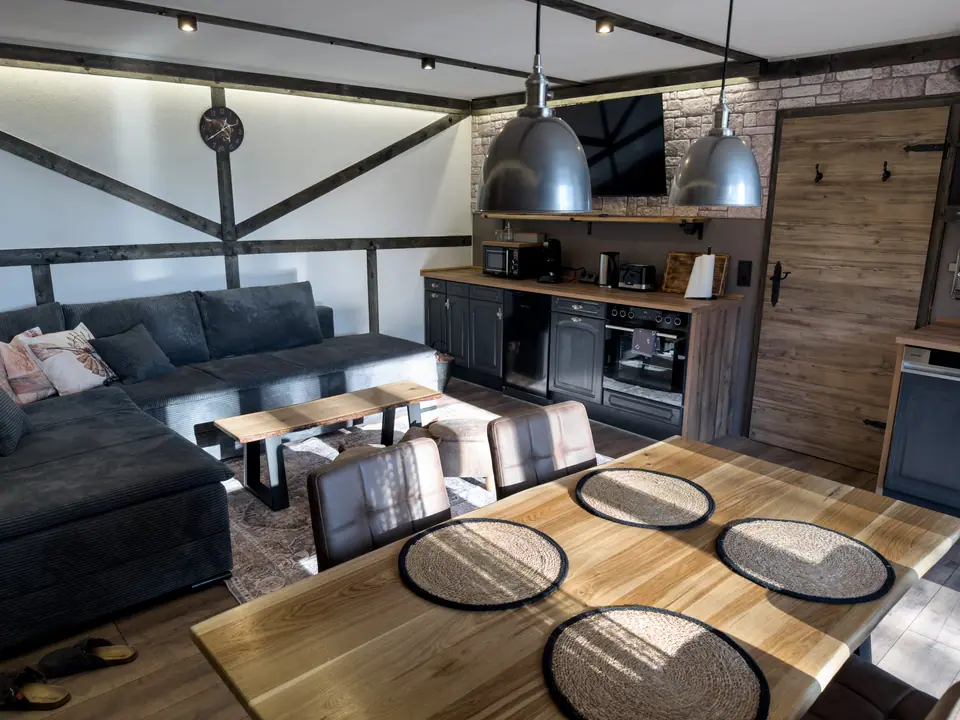 Open living and dining area with kitchen