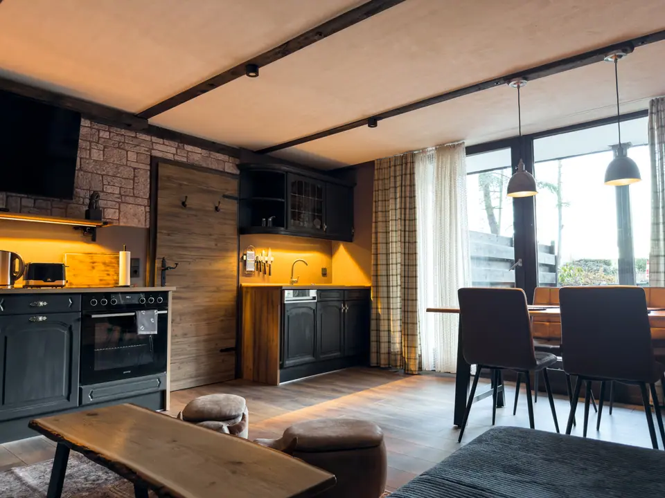 Kitchen and living area in the evening