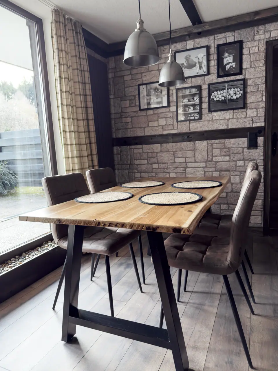 Solid oak dining table by the window