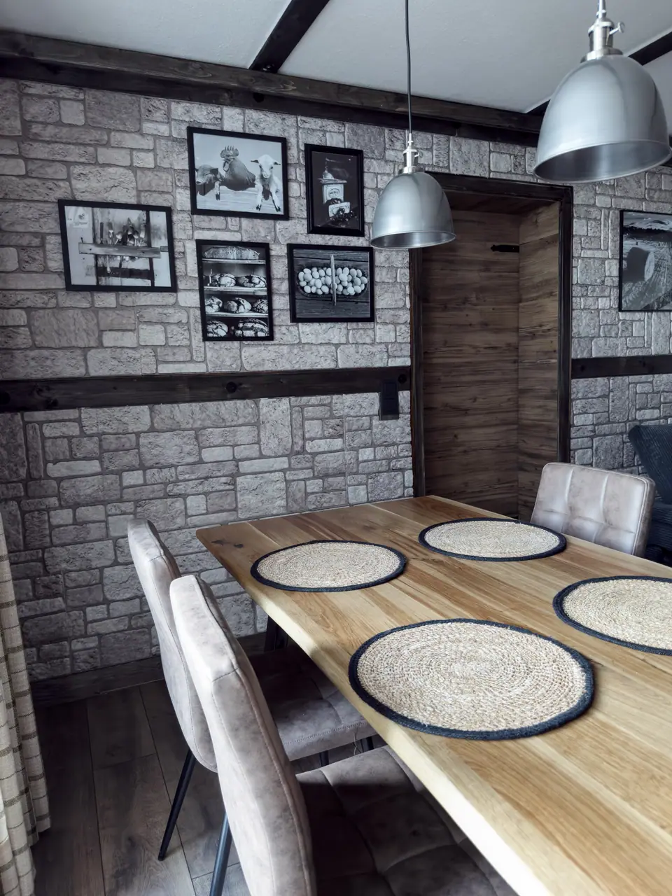 Dining area with stone wall