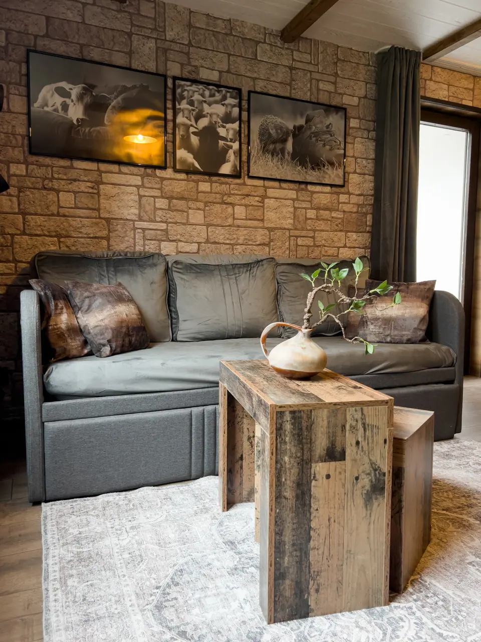 Sofa with reclaimed-wood side tables